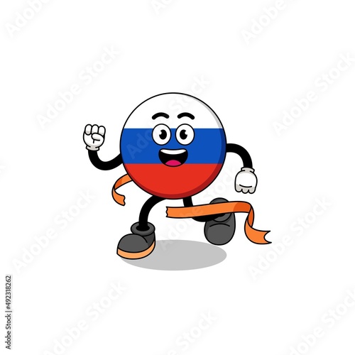 Mascot cartoon of russia flag running on finish line