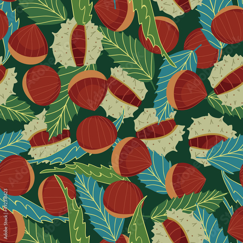 Chestnuts seamless vector pattern on green background
