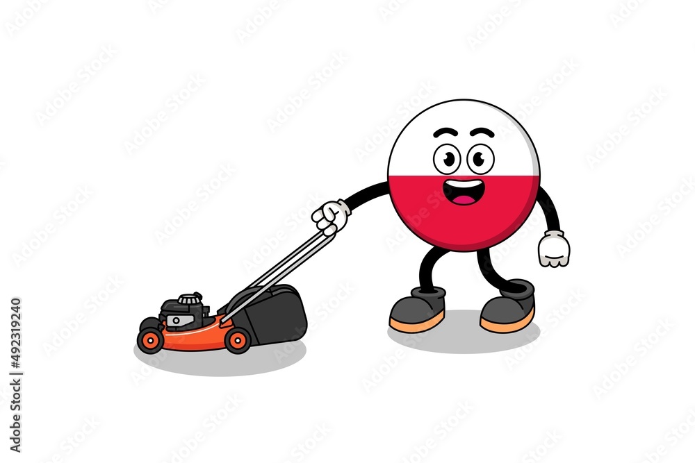 Obraz premium poland flag illustration cartoon holding lawn mower