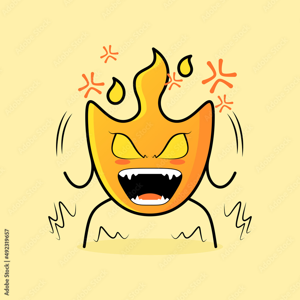 cute fire cartoon with very angry expression. mouth open and eyes
