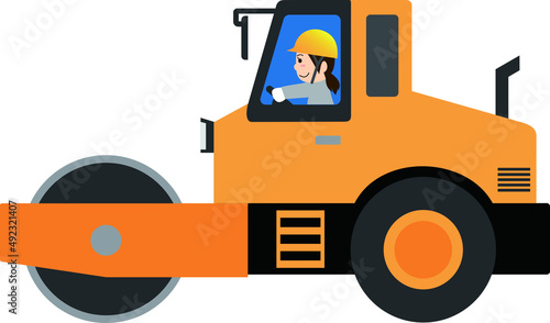 ロードローラーを運転する女性作業員