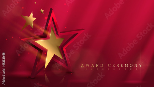 3d golden star with light beam effect element and glitter glow decoration. award ceremony background
