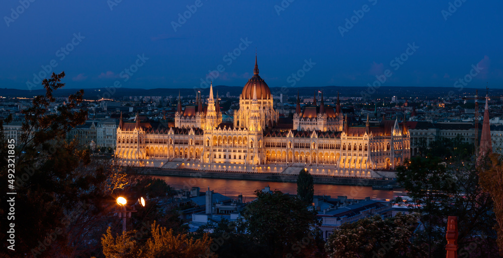 The Parliament building at night in Budapest, Hungary