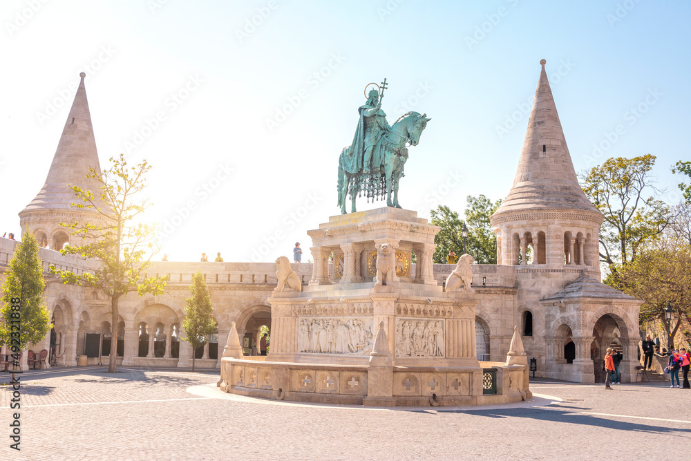 Fototapeta premium Bronze statue of Stephen I of Hungary mounted on a horse at Fisherman's Bastion terrace, the Castle hill in Budapest, Hungary