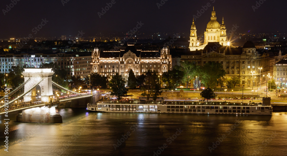 Budapest, Hungary night-time skyline with St Stephen Basilica