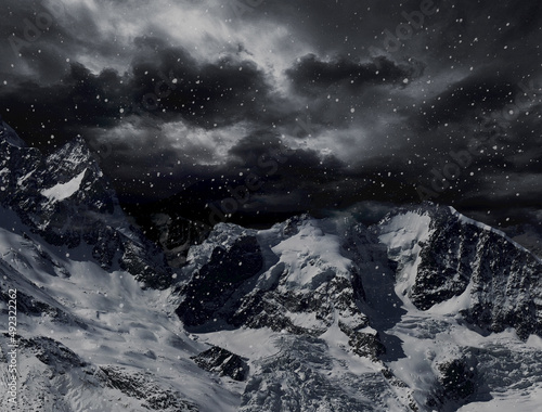 Dangerous peaks. Illustration of a mountainous landscape in the grips of a snowstorm.