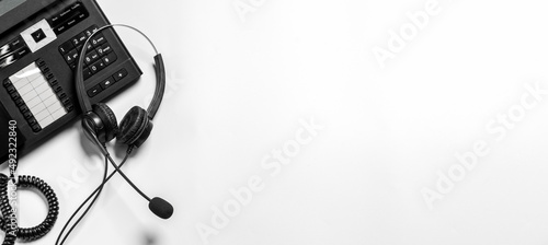 Fotografiet Headset and customer support equipment at call center ready for actively service , Communication support, call center and customer service help desk