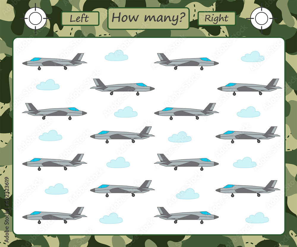 Educational game for kids. How much right and left. Military transport. Airplane. Teaching orientation in space and counting for preschool children. Vector illustration