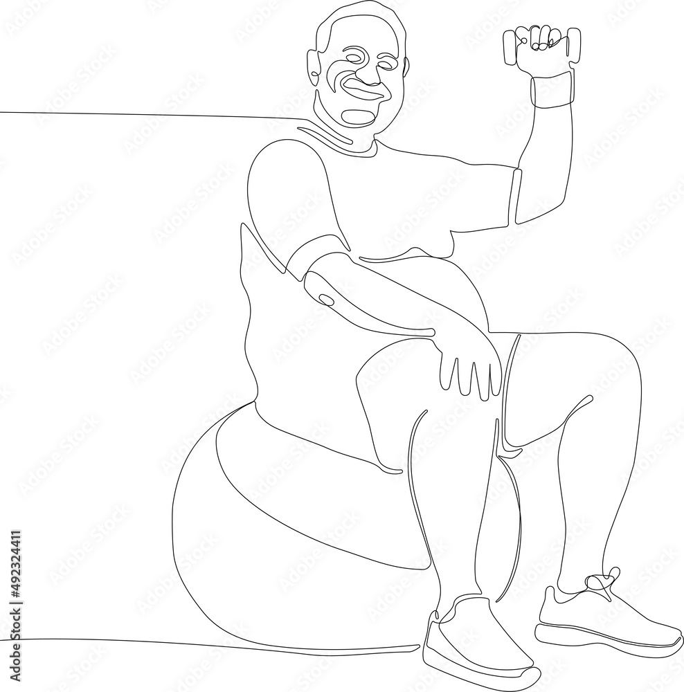 Minimal outline concept of mature man smiling and sitting on a fitness ball and holding a small dumbbell. Continuous one line drawing of outline. Vector illustration