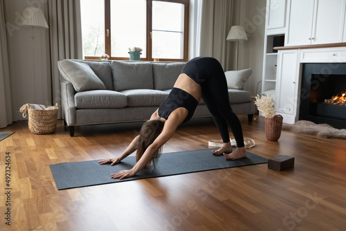 Young woman in black activewear standing in asana on mat in modern living room, performs Adho Mukha Svanasana Downward Facing Dog position, strengthens body, working out at home, yoga activity concept