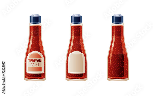 Teryaki Soy asian sauce. 3 teriyaki soya sauces set. Food icons with text logo packaging, empty label, blank mock up. Glass japanese soy bottle for sushi, 3d realistic vector illustration isolated