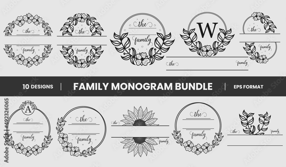 Family monogram frames set with decorations, emblem badge monogram with blank space for family, greeting and wedding 