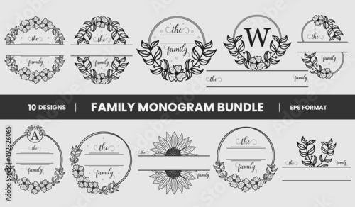 Family monogram frames set with decorations, emblem badge monogram with blank space for family, greeting and wedding 