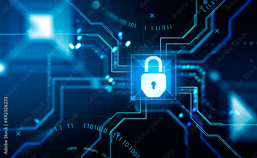 Cybersecurity hologram and lock with binary and connection Cybersecurity hologram and lock with binary and connection