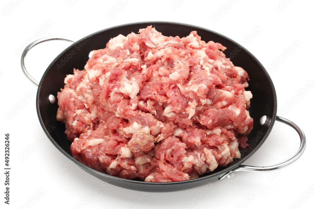 minced meat in a pan with white minced meat in a pan with white