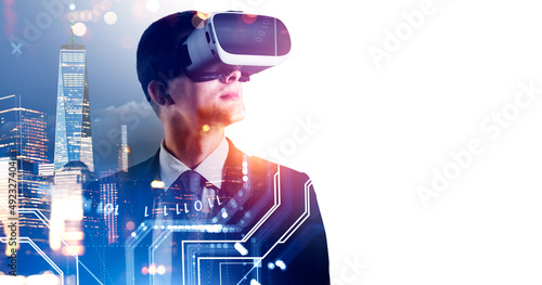 Businessman in vr glasses, metaverse hologram and New York city