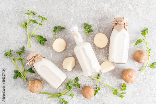 food background of plant milk, tubers and twigs with potato leaves. flat styling. gray concrete background.