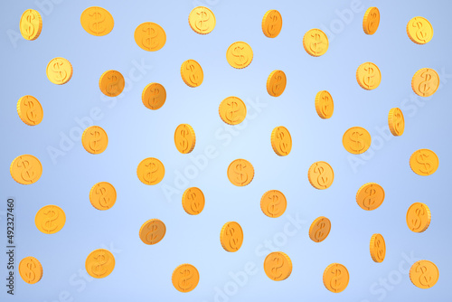 Fototapeta Naklejka Na Ścianę i Meble -  Gold coins falling, dollar currency on light background