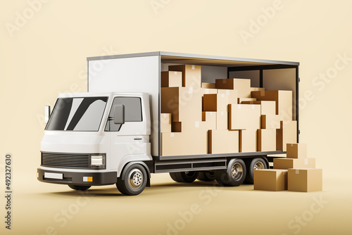 Truck full of carton boxes, shipping and delivery of goods photo