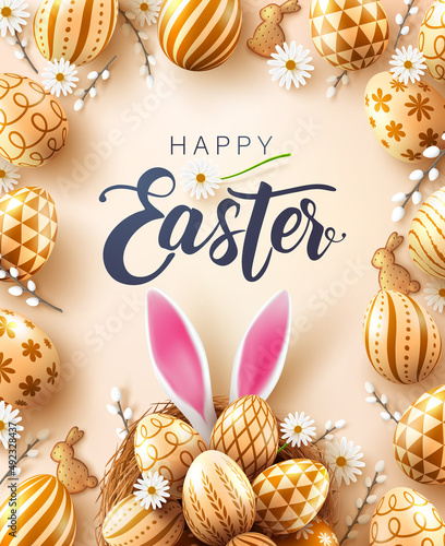 Easter poster and banner template with Golden easter eggs in the nest,cute bunny ears.Greetings and presents for Easter Day in flat lay styling.Promotion and shopping template for Easter