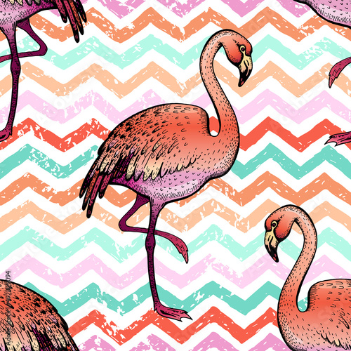 Flamingo seamless pattern  hand drawn doodle texture. Textile print for apparel. Handmade exotic pink bird  grunge stripes. Handdrawn vector illustration isolated on zig zag white background