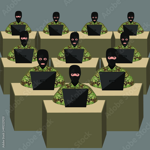 Illustration on the theme of information war. Soldiers in masks sit at computers