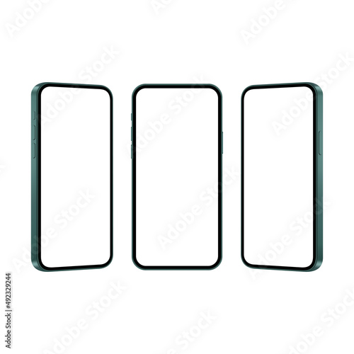 Modern Green Smartphones Mockups With Blank Screens, Front and Side View. Vector Illustration