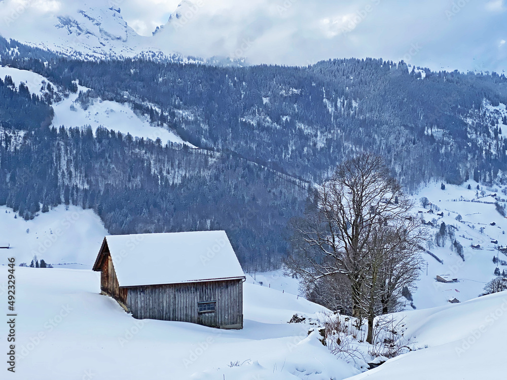 Indigenous alpine huts and wooden cattle stables on Swiss pastures covered with fresh white snow cover, Unterwasser - Obertoggenburg, Switzerland (Schweiz) Indigenous alpine huts and wooden cattle stables on Swiss pastures covered with fresh white snow cover, Unterwasser - Obertoggenburg, Switzerland (Schweiz)
