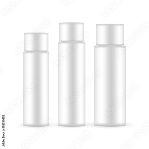 Blank Plastic Cosmetic Bottles for Shampoo or Lotion, Isolated on White Background. Vector Illustration