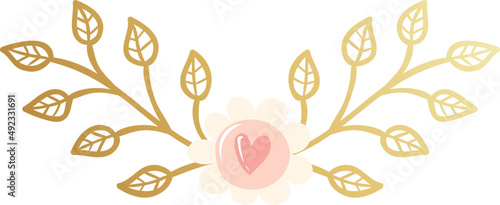 Decorative chamomile with heart, floral illustration with gold leaves