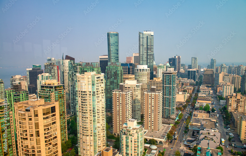 Aerial view of Downtown Vancouver skyline on a summer day.