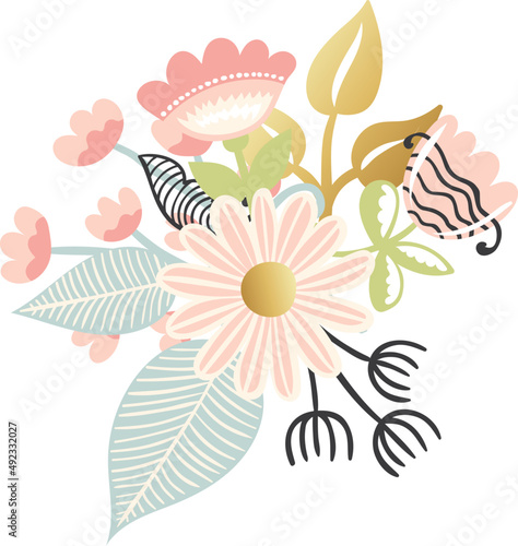 Floral decorative bouquet, nature illustration with flowers and leaves