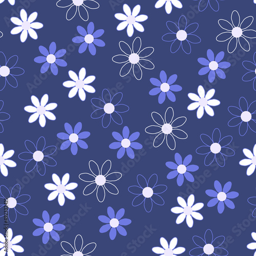 Cool background of daisies. Floral modern chamomile pattern. Seamless abstract ornament for textiles and decorations. Vector illustration in trendy style of blue daisies. Vector illustration