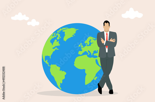 Successful businessman leaning on the earth globe, vector illustration