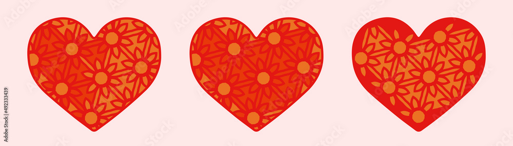 Floral hearts. Vector orange-red illustration. Illustration with a flower valentine heart.