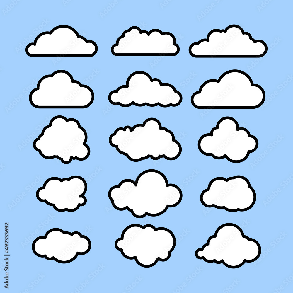 A set of clouds on a blue background in line-art style for printing and design. Vector illustration.