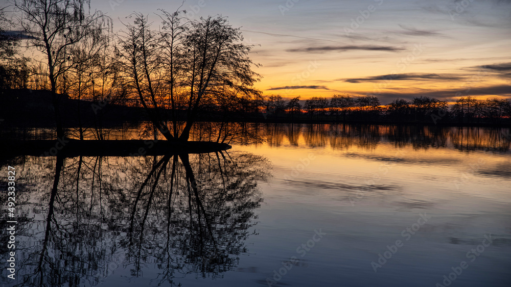 Sunset on a lake in Burgundy in France, with the black silhouettes of trees in winter
