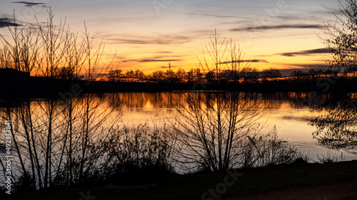 Sunset on a lake in Burgundy in France  with the black silhouettes of trees in winter