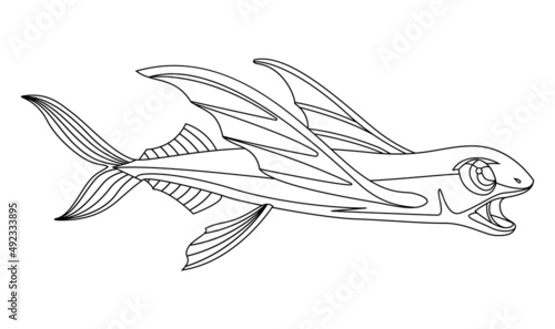 Flying fish in a linear style for printing and coloring. Vector illustration.