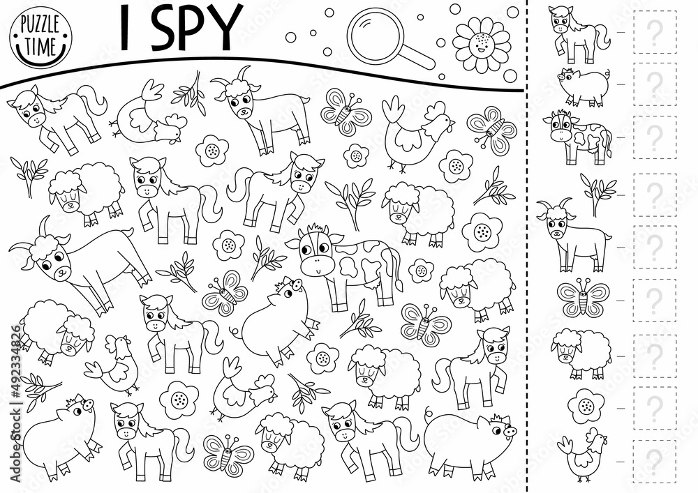 Farm animals black and white I spy game for kids. Searching and counting line activity with goat, horse, sheep, hen, pig, cow. Rural village printable coloring page. Simple on the farm puzzle.