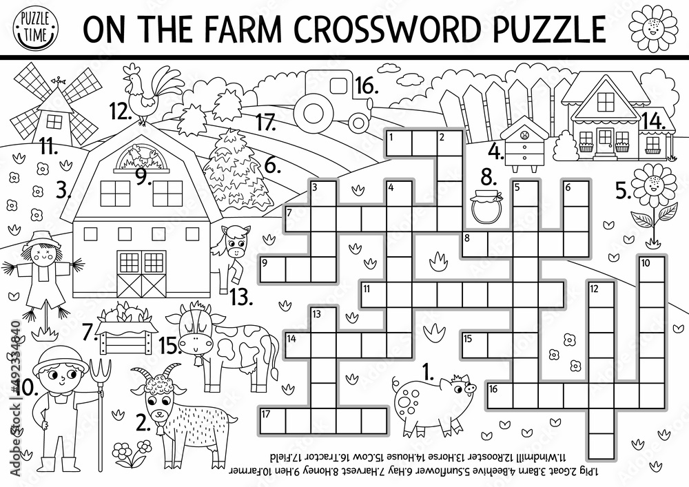 Vector on the farm black and white crossword puzzle for kids. Simple farm line quiz with rural country landscape. Educational activity with cow, farmer, barn. Cute cross word coloring page.