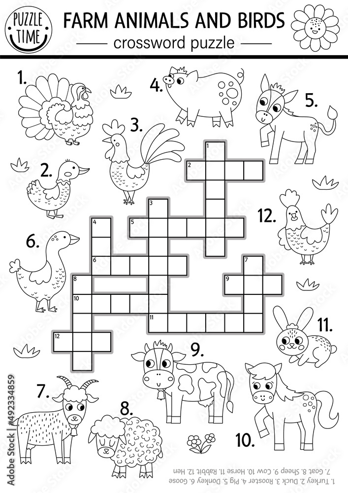 Vector farm animals and birds black and white crossword puzzle for kids. Simple on the farm line quiz. Country educational activity with cow, hen, pig. Rural village cross word coloring page.