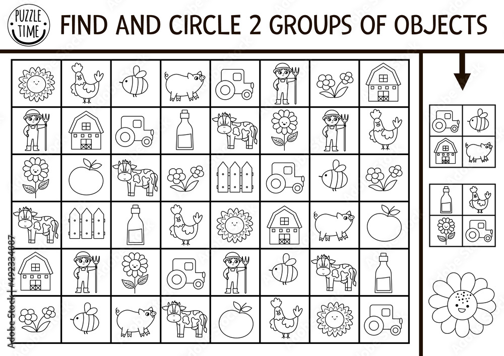 On the farm seek and find black and white game with traditional symbols