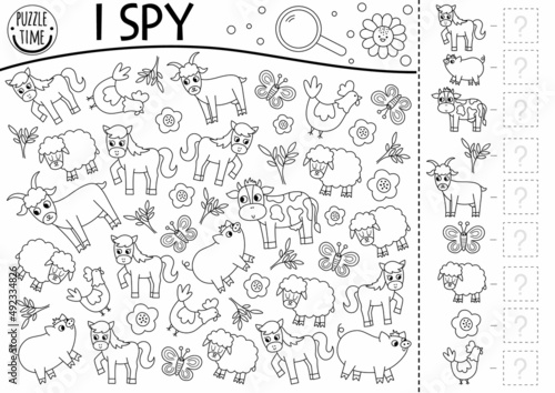 Farm animals black and white I spy game for kids. Searching and counting line activity with goat, horse, sheep, hen, pig, cow. Rural village printable coloring page. Simple on the farm puzzle.