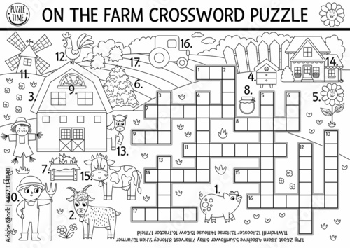 Vector on the farm black and white crossword puzzle for kids. Simple farm line quiz with rural country landscape. Educational activity with cow, farmer, barn. Cute cross word coloring page.
