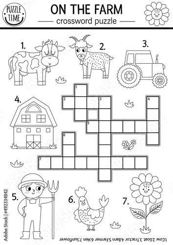 Vector on the farm black and white crossword puzzle for kids. Simple farm line quiz for children. Country educational activity with cow, farmer, tractor, barn. Rural village cross word coloring page.