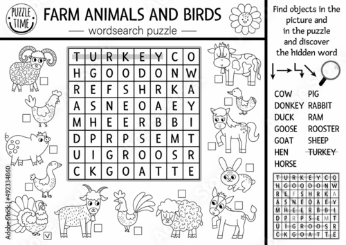 Vector farm animals and birds black and white wordsearch puzzle for kids. Simple on the farm word search line quiz. Country educational activity with cow, hen, pig. Rural crossword coloring page.