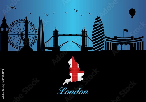 London City Skyline Silhouette - illustration, 
Town in Blue background,
Map of England