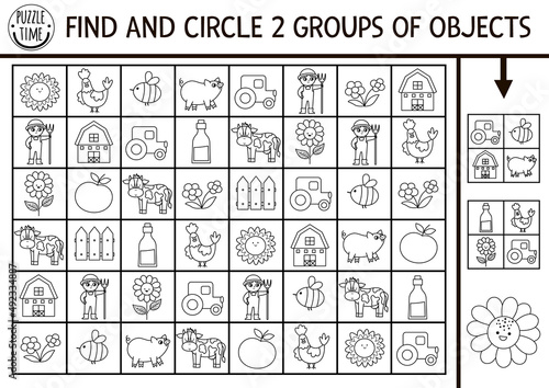 On the farm seek and find black and white game with traditional symbols. Attention skills puzzle with farmer, barn, tractor. Farm printable coloring page for kids. Country searching puzzle.