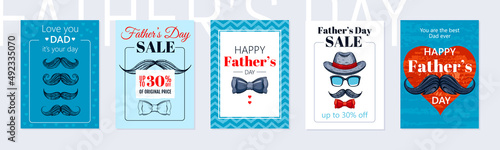 Happy Fathers day cards and sale flyers with sketch mustache, tie, hat and glasses. Vector posters of daddies holiday with special offer and hand drawn illustration of gentleman moustaches and bowtie